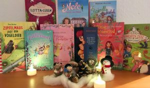 diverse Bücher hinter Steinmännchen-Winterlandschaft